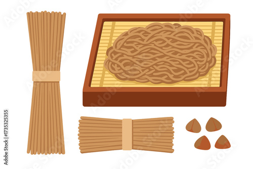 Soba noodle set with raw and boiled buckwheat soba noodles in wooden box and tied bundles, Japanese traditional food, buckwheat grains isolated, vector illustration flat style