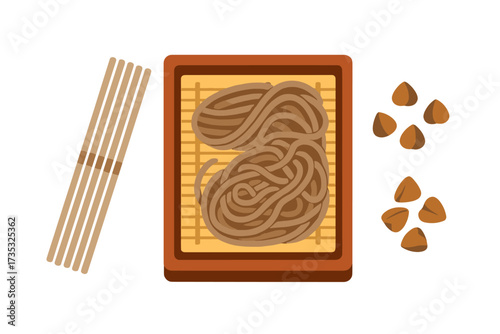 Soba Japanese buckwheat noodles set with raw and boiled noodles in traditional wooden box, buckwheat grains, Japanese food illustration, flat vector isolated on white