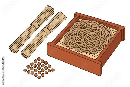 Soba noodles set with raw and boiled buckwheat soba noodles in wooden box, Japanese traditional food illustration, buckwheat grains, vector flat style isolated