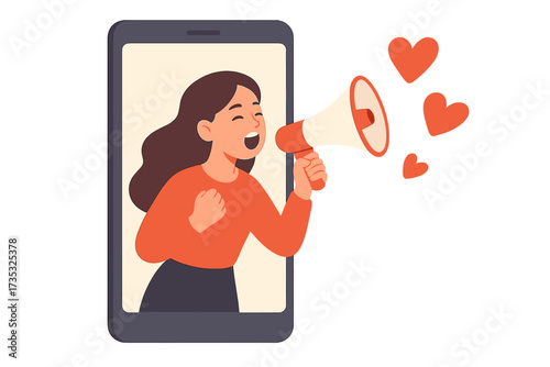 Woman with megaphone on phone screen shouting a love confession. Concept for online dating, long-distance relationships, social media announcements, and public declarations. Vector.