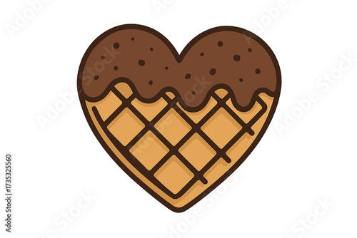 Heart-shaped waffle with chocolate glaze and hand-drawn lettering phrase "The secret ingredient is always love", vector illustration for logos, bakery labels, badges, dessert designs
