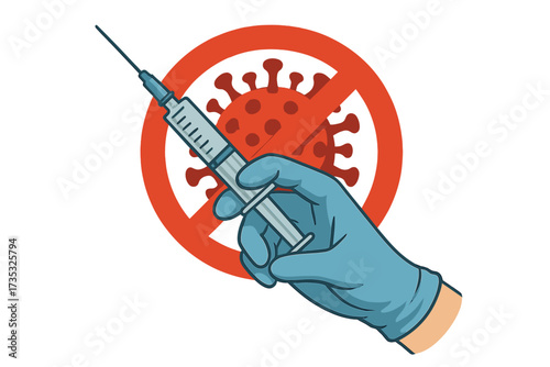Vaccination logo with medical glove holding syringe and needle, stop coronavirus symbol, Covid-19 vaccine concept, virus protection, health care, prevention, immunization poster, red ribbon vector