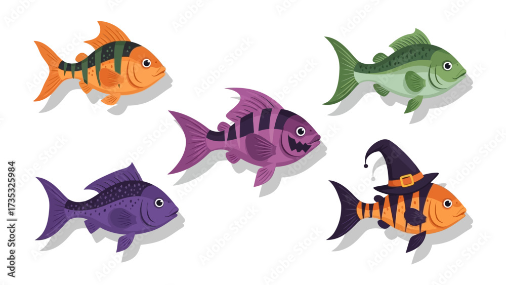 Naklejka premium Colorful Cartoon Fish: A vibrant school of cartoon fish in an array of colors and patterns swim gracefully across a pristine surface, each one possessing unique character and charm.