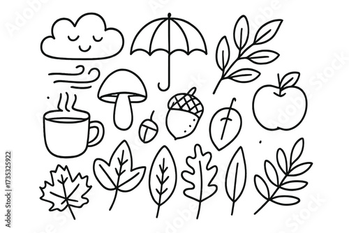 Hand drawn vector linear doodle illustrations of autumn leaves, acorns, mushroom, umbrella, apple, cloud, and hot drink. Hello fall minimalistic seasonal decor set with transparent background