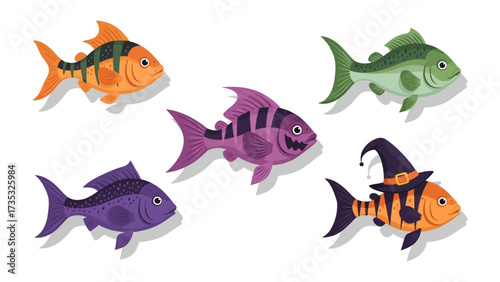Colorful Cartoon Fish: A vibrant school of cartoon fish in an array of colors and patterns swim gracefully across a pristine surface, each one possessing unique character and charm.