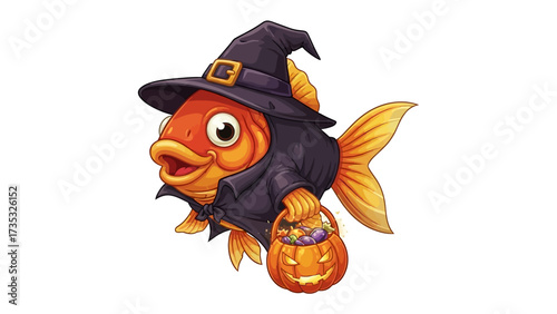 Halloween Fish: A whimsical illustration of a goldfish playfully dressed in a witch's hat and cloak, clutching a miniature pumpkin-shaped candy basket.