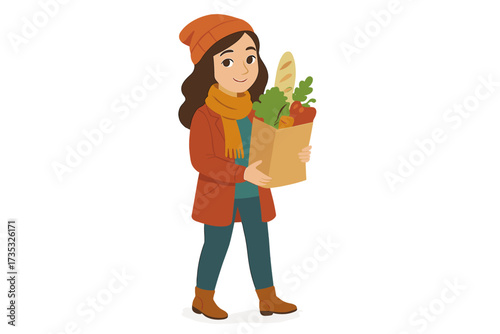 Young woman in autumn clothes carrying grocery bag with fresh vegetables and bread, healthy food shopping, fall season fashion, sustainable lifestyle illustration