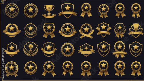 A collection of golden star badges and awards, presented on a dark background, symbolizing achievement and recognition.