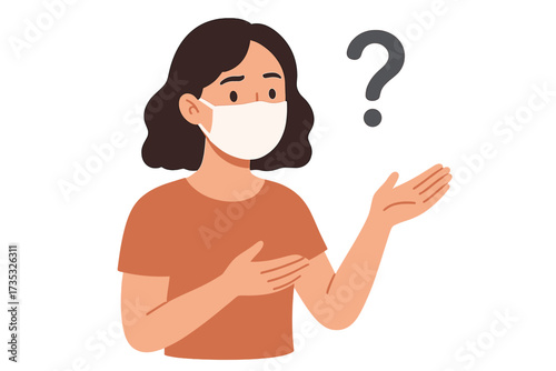 Young woman wearing white medical face mask questioning Covid-19 second wave, prevention concept, health safety, quarantine, pandemic fear, virus protection, 2019-nCoV awareness