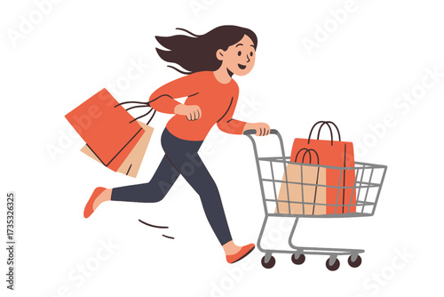 Excited young woman rushing shopping with cart and paper bags, Black Friday concept, Super sale, shopping spree, discount shopping, happy female shopper, retail therapy