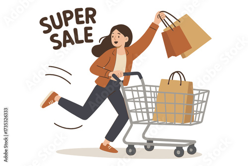 Energetic young woman shopping with paper bags and cart rushing for Black Friday super sale, excited retail therapy, discount shopping concept, flat vector illustration