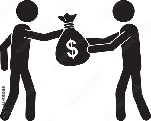 Two individuals engaging in a vital money exchange, representing payment, investment, or wealth transfer in a clear, modern pictogram style.