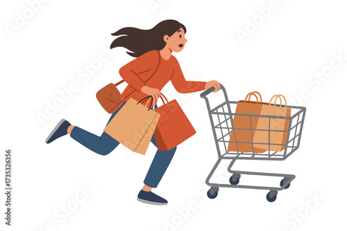 Young woman rushing shopping with cart and paper bags, Black Friday sale concept, excited female shopper running with shopping bags, super sale shopping rush, flat vector illustration