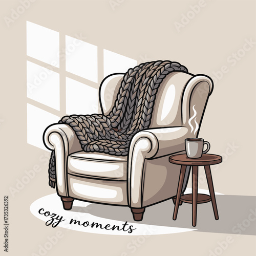 A comfortable armchair draped with a chunky knit blanket sits next to a small side table with a steaming mug of coffee
