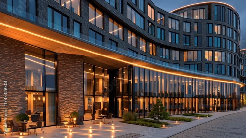 Modern architecture of a waterfront building under twilight sky