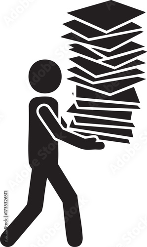 A person carries an impossibly tall stack of papers, symbolizing the overwhelming burden of excessive workload and demanding administrative tasks.