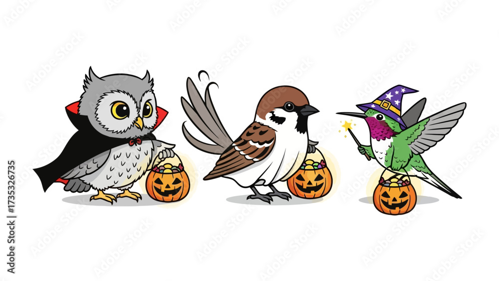 Obraz premium Halloween Trio: Adorable illustrations of an owl, sparrow, and hummingbird celebrating Halloween with a whimsical touch. They wear costumes and carry jack-o'-lanterns in a vibrant scene.