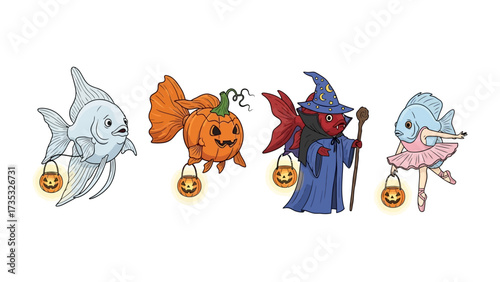 Halloween Fish Costume Party: A charming illustration showcases a whimsical Halloween celebration featuring adorable fish in festive costumes and holding jack-o'-lantern lanterns.