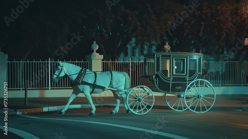Enchanted Night Scene with Horse and Carriage at Street Crossing