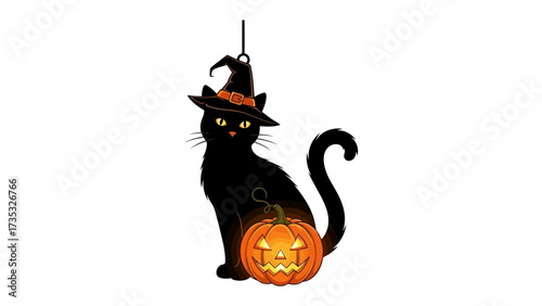 Spooky Cat with Jack-o'-Lantern: A sleek black cat, adorned with a witch hat, holds a glowing jack-o'-lantern, perfectly embodying the eerie spirit of Halloween.
