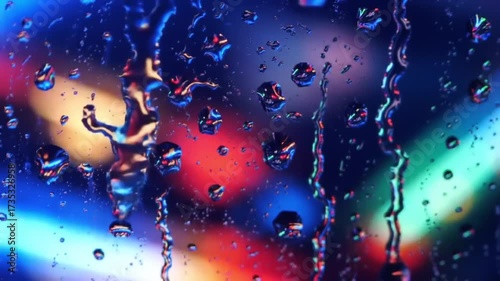 Colorful raindrops on glass window with blurred city lights in background seemless looping animation 4k quality video 