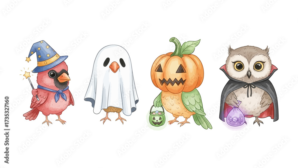 Fototapeta premium Whimsical Halloween Avian Crew: A charming assembly of four adorable birds, each decked out in festive Halloween costumes. Witness a wizard cardinal, a ghostly chick, a pumpkin-headed parrot.