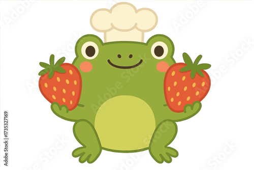 Cute frog chef character holding fresh strawberries. Funny cartoon amphibian in a cook hat. Kawaii animal mascot for food logo, kids menu or sticker. Happy summer fruit concept.
