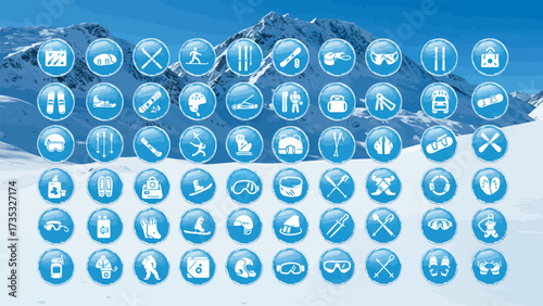 A collection of blue circular icons representing various winter sports and activities, set against a snowy mountain backdrop.
