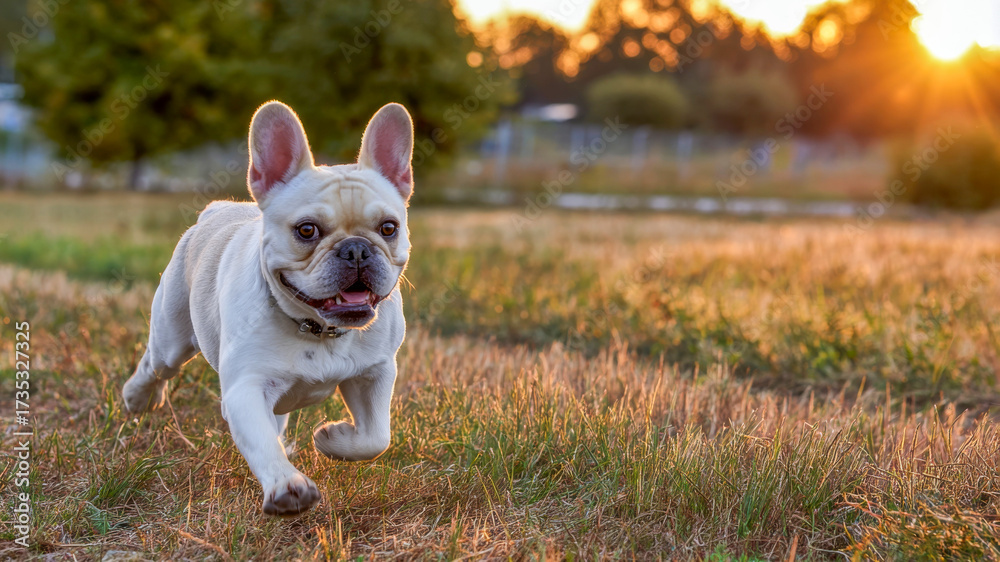 Fototapeta premium Playful dog dashes through golden grass at sunset, capturing joy and freedom in the evening light