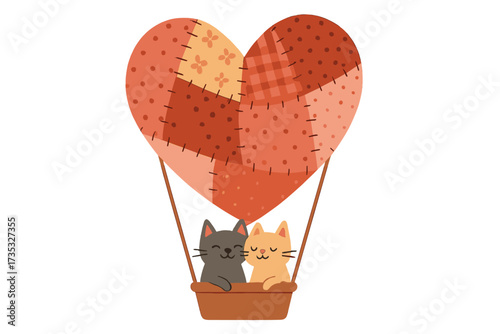Romantic cat couple on a date flying in a heart shaped hot air balloon. Cute vector art for Valentine's day. Love is in the air. Animals in love. Patchwork heart design.