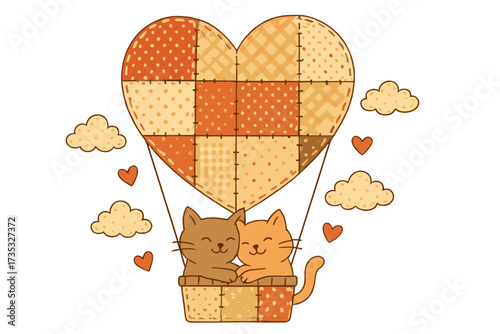 Valentine's Day card with cat couple in a patchwork heart hot air balloon. Cute romantic animal characters in love. Vector illustration for love concept. Romantic journey.