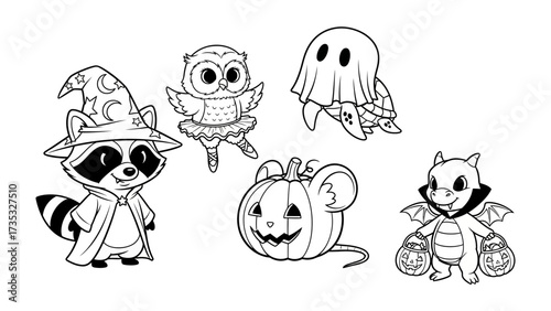 Spooky Halloween Friends: A cute collection of cartoonish Halloween characters in simple black and white style for coloring book. Including witch, owl, ghost turtle, pumpkin mouse, and vampire dragon.