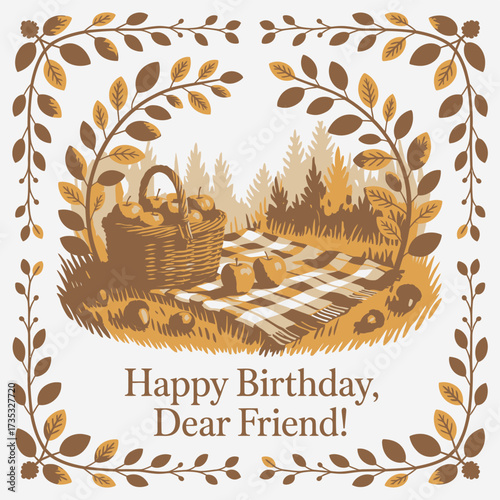 A charming autumn picnic scene with a basket of apples on a checkered blanket framed by decorative branches wishing a happy birthday to a dear friend