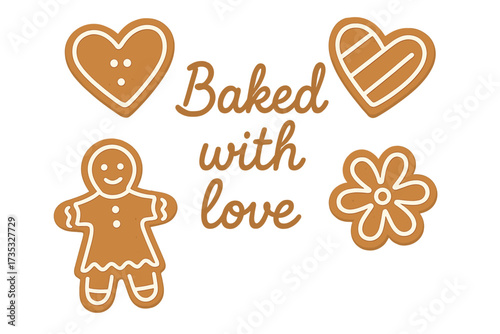 Valentine's Day gingerbread cookies greeting card with "Baked with love" quote, carved heart, flower, and gingerbread girl decorated with sugar icing, festive sweet treats vector