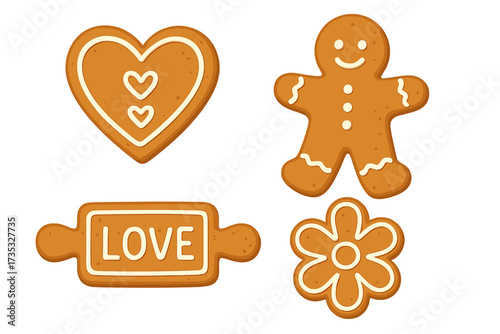 Valentine’s Day gingerbread cookies set with heart, flower, gingerbread man and love inscription. Sweet baked treats decorated with sugar icing. Romantic holiday vector collection