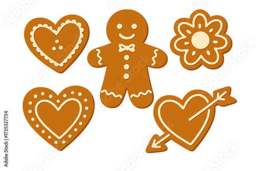 Valentine’s Day gingerbread cookies with baked with love quote, heart-shaped and floral decorated cookies, sweet carved figures with sugar icing, festive holiday treats, flat vector illustration