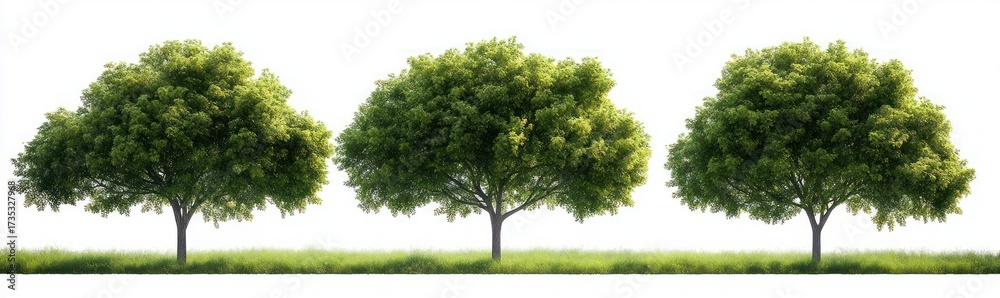 Fototapeta premium Three lush green trees standing in a row on a grassy field under bright natural light with clear white background