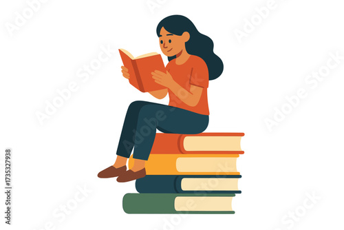 Young woman sitting on stack of books reading an interesting book, education concept, exam preparation, library study, knowledge, learning, student lifestyle, reading habit