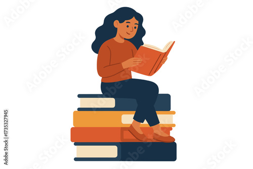 Young woman sitting on stacked books reading an interesting book. Concept of education, learning, libraries, exam preparation, knowledge, studying, and personal growth. Flat vector design.
