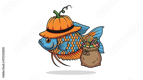 Whimsical Halloween Fish: A cartoon illustration of a cheerful fish dressed up in a festive pumpkin hat, complete with a bag of colorful candy, celebrating Halloween.