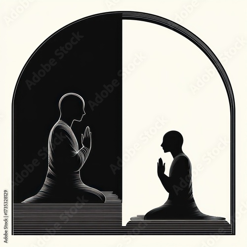 Silhouettes of two meditating figures facing each other in a balanced black and white minimalist arch composition expressing calm and reflection
