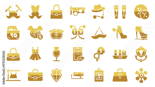 A collection of golden icons representing fashion, shopping, and luxury items, arranged in a grid.