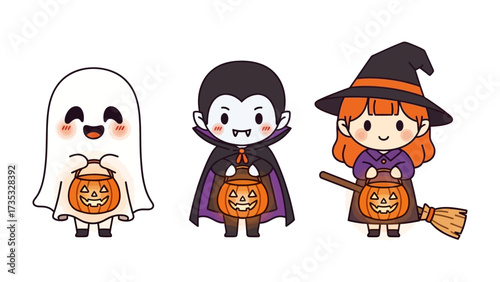 Enchanting Trio of Halloween Characters: A heartwarming illustration showcases a friendly ghost, a dapper vampire, and a charming witch, each clutching a glowing jack-o'-lantern.