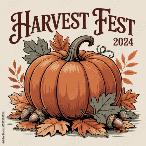 Harvest fest 2024 illustration featuring a large orange pumpkin surrounded by autumn leaves and acorns