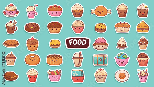 A collection of cute, kawaii-style cartoon food illustrations on a teal background.