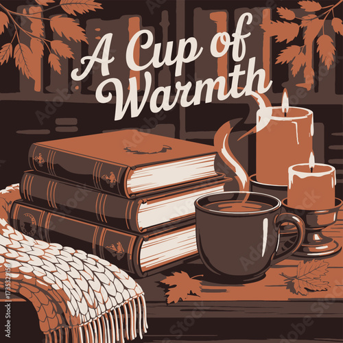 Cozy autumn scene with a stack of books steaming cup of coffee lit candles and a knitted scarf evoking warmth and comfort
