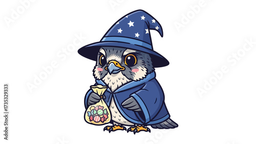 Wizard Bird's Magical Moment: An illustration of a charming bird, adorned in a wizard's attire, cradling a pouch of candy, its expressive eyes revealing its wondrous and playful nature. 