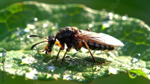 Macro shot of insect drinking dew drops on green leaf under morning sunlight seemless looping animation 4k quality video 