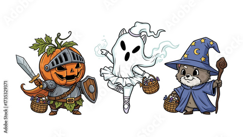 Halloween Fantasy: A whimsical illustration captures the spooky spirit of Halloween. A pumpkin knight stands guard with a sword and shield, alongside a ballet dancer ghost, and a wizard.