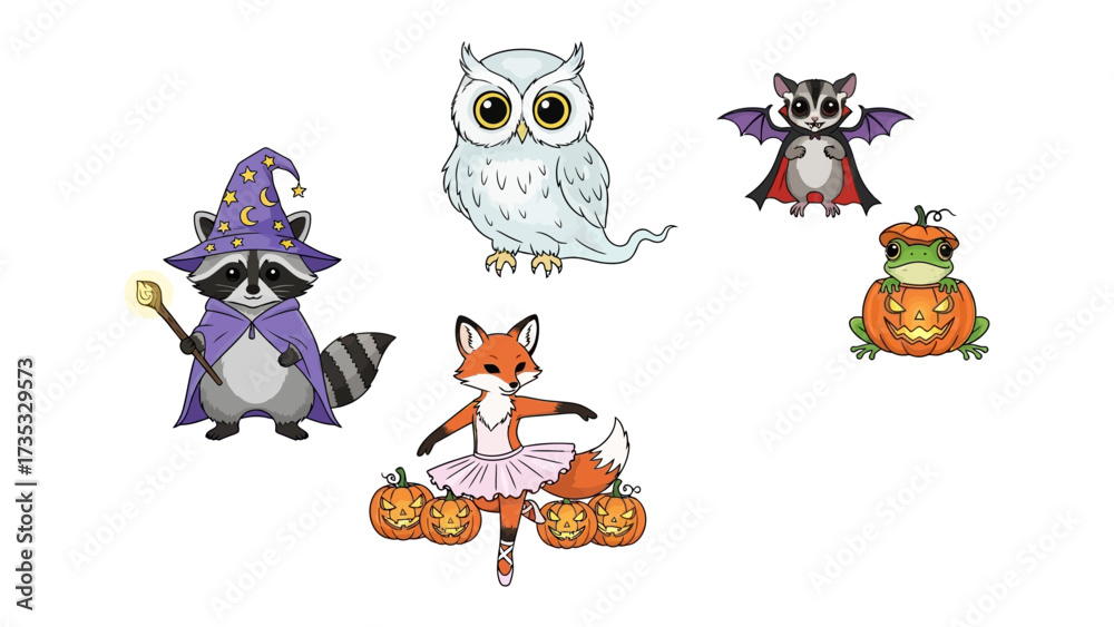 Whimsical Halloween Cartoon Characters: A playful ensemble of Halloween-themed cartoon characters, including a wizard raccoon, an owl, a bat, a pumpkin frog, and a ballerina fox.